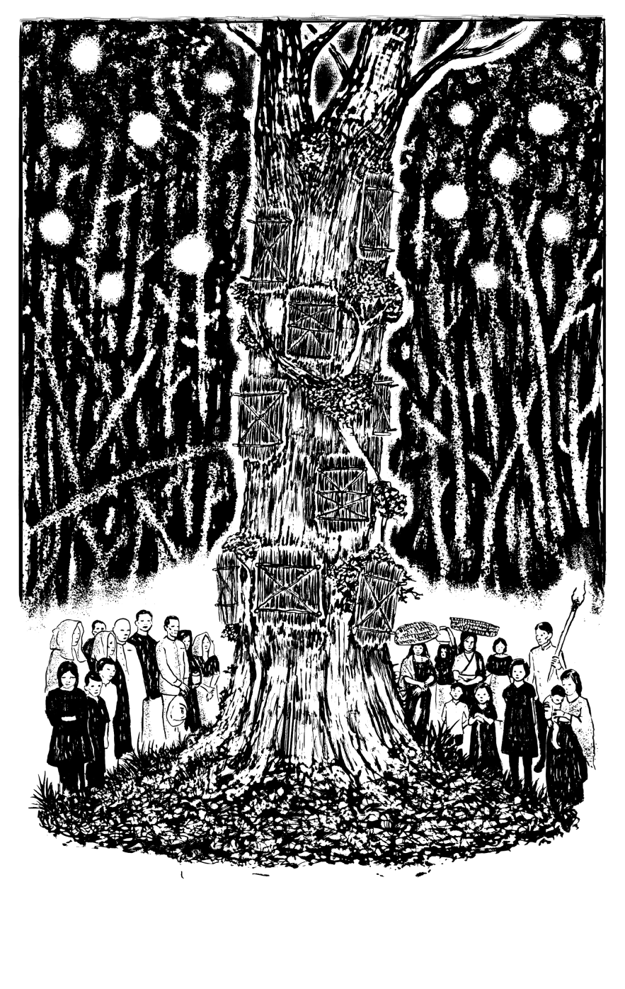 An illustration of an old tree with graves dug into its trunk and a crowd gathered around it.