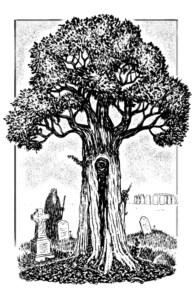 A graphical illustration of tree with an eye in its trunk in a graveyard with an elderly appearing man in the background.