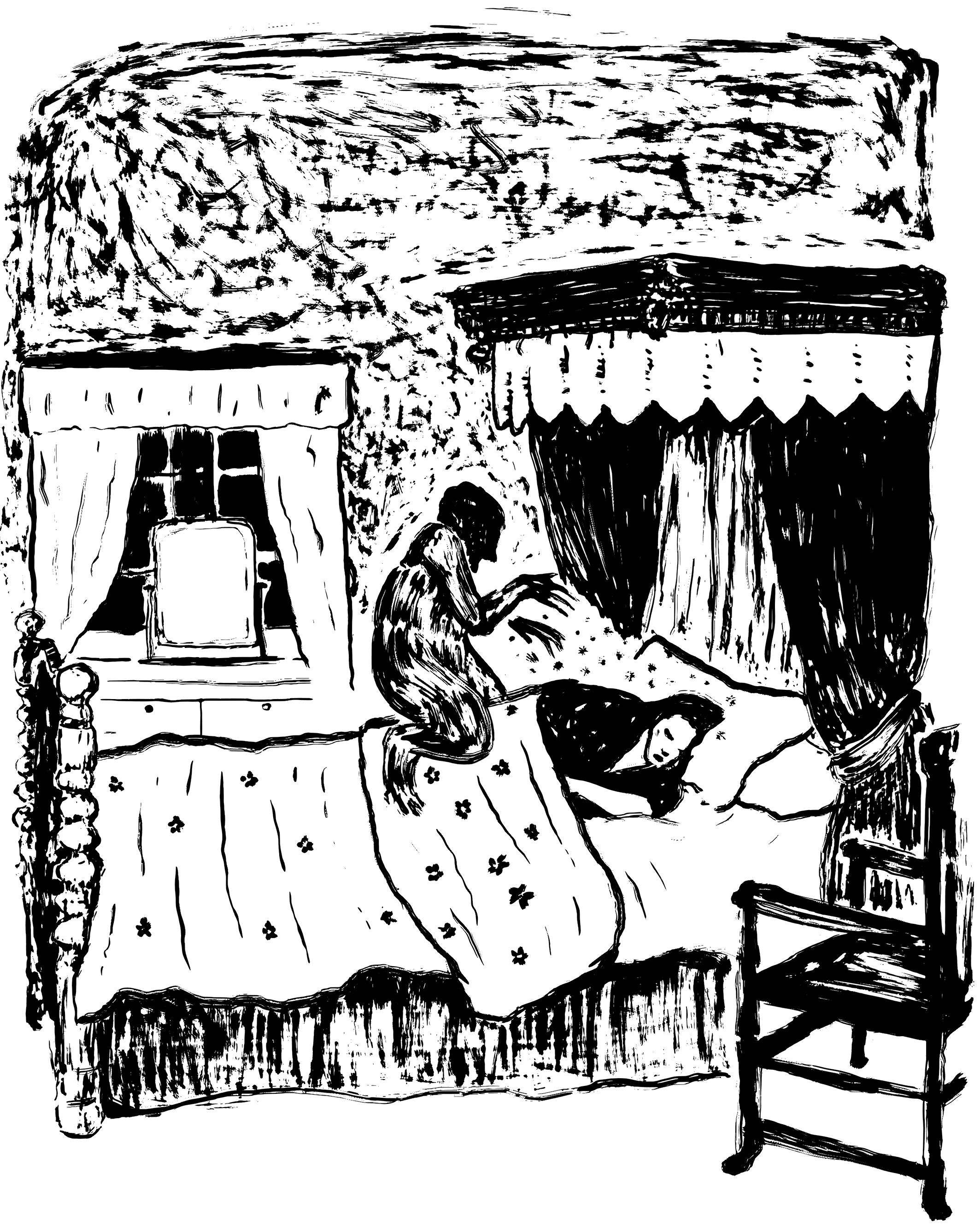 A graphical illustration of a mare approaching a sleeping person on a bed in a bedroom.